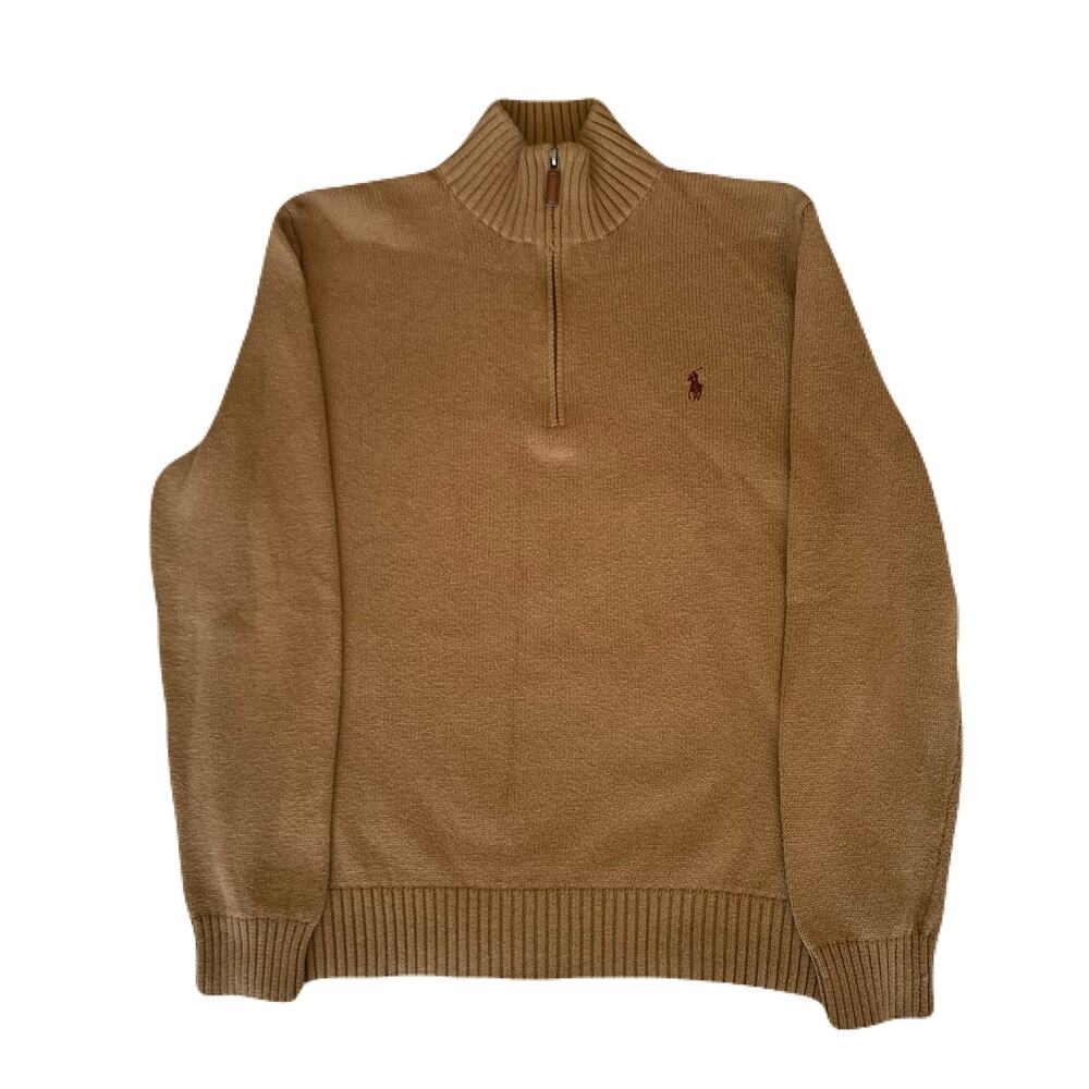 Polo Ralph Lauren Tan Pullover Mid Zip high collar Bourgeoise minimalist sweater